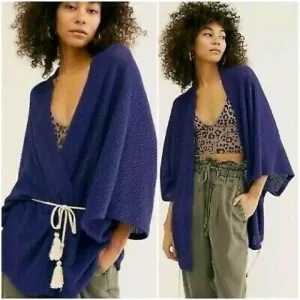 Free People Blue Waffle Knit Kimono Duster Topper