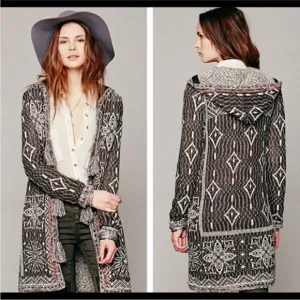 Free People Kai Pom Pom Tassel Open Front Longline Hooded Cardigan Boho Festival