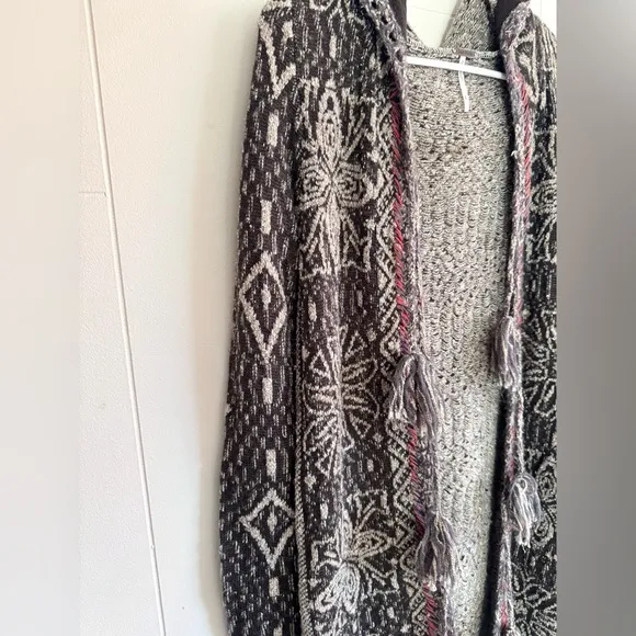 Free People Kai Pom Pom Tassel Open Front Longline Hooded Cardigan Boho Festival