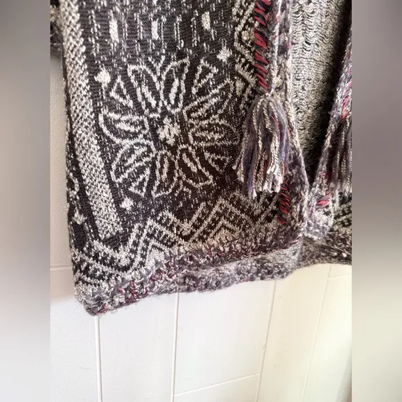 Free People Kai Pom Pom Tassel Open Front Longline Hooded Cardigan Boho Festival