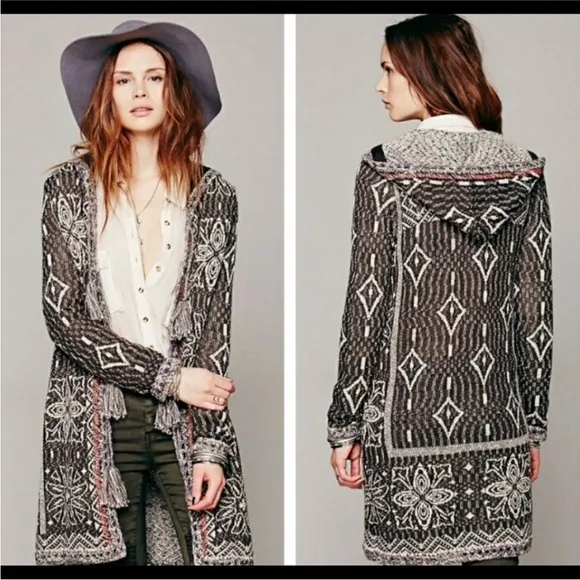 Free People Kai Pom Pom Tassel Open Front Longline Hooded Cardigan Boho Festival