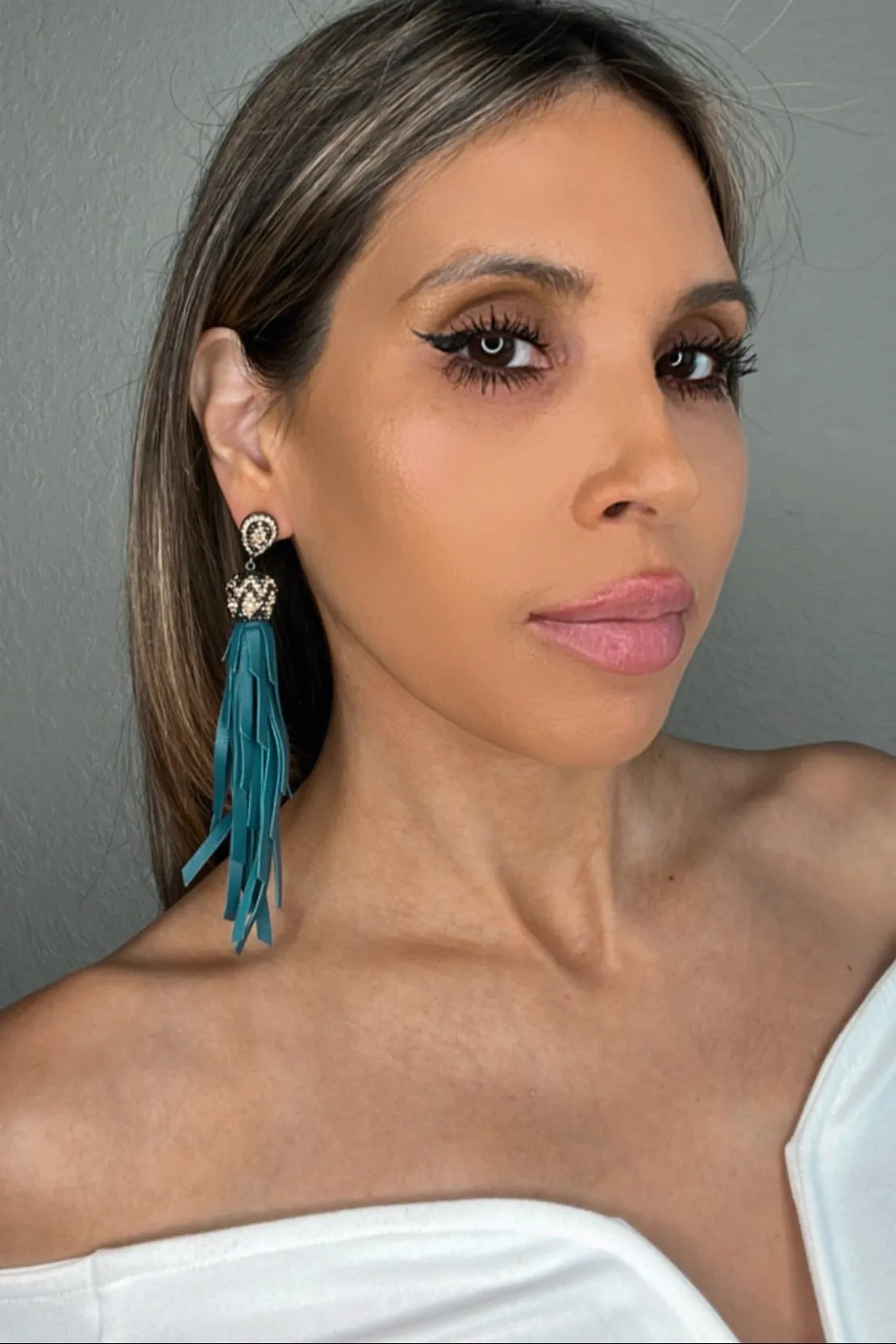 Gold & Silver Crystal Teal Leather Tassel Earring