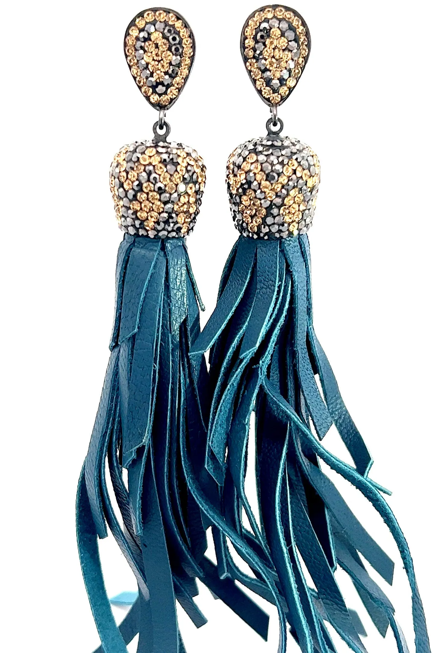 Gold & Silver Crystal Teal Leather Tassel Earring