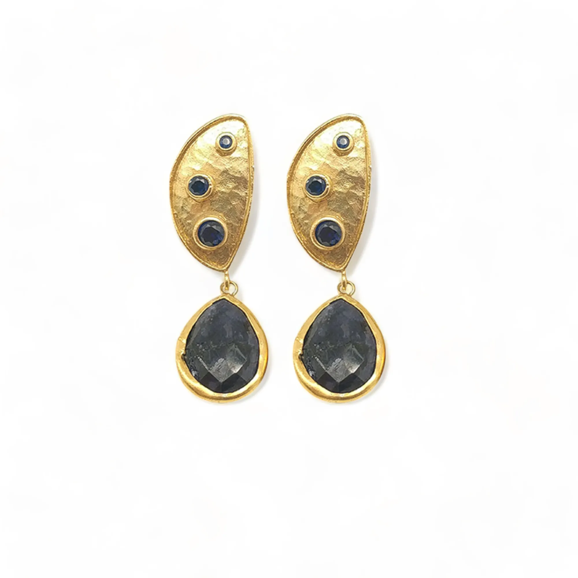 Gold-Plated Handmade Earrings with Sapphire Corundum and CZ Stones | Celestial Elegance | Artisan Crafted Jewelry
