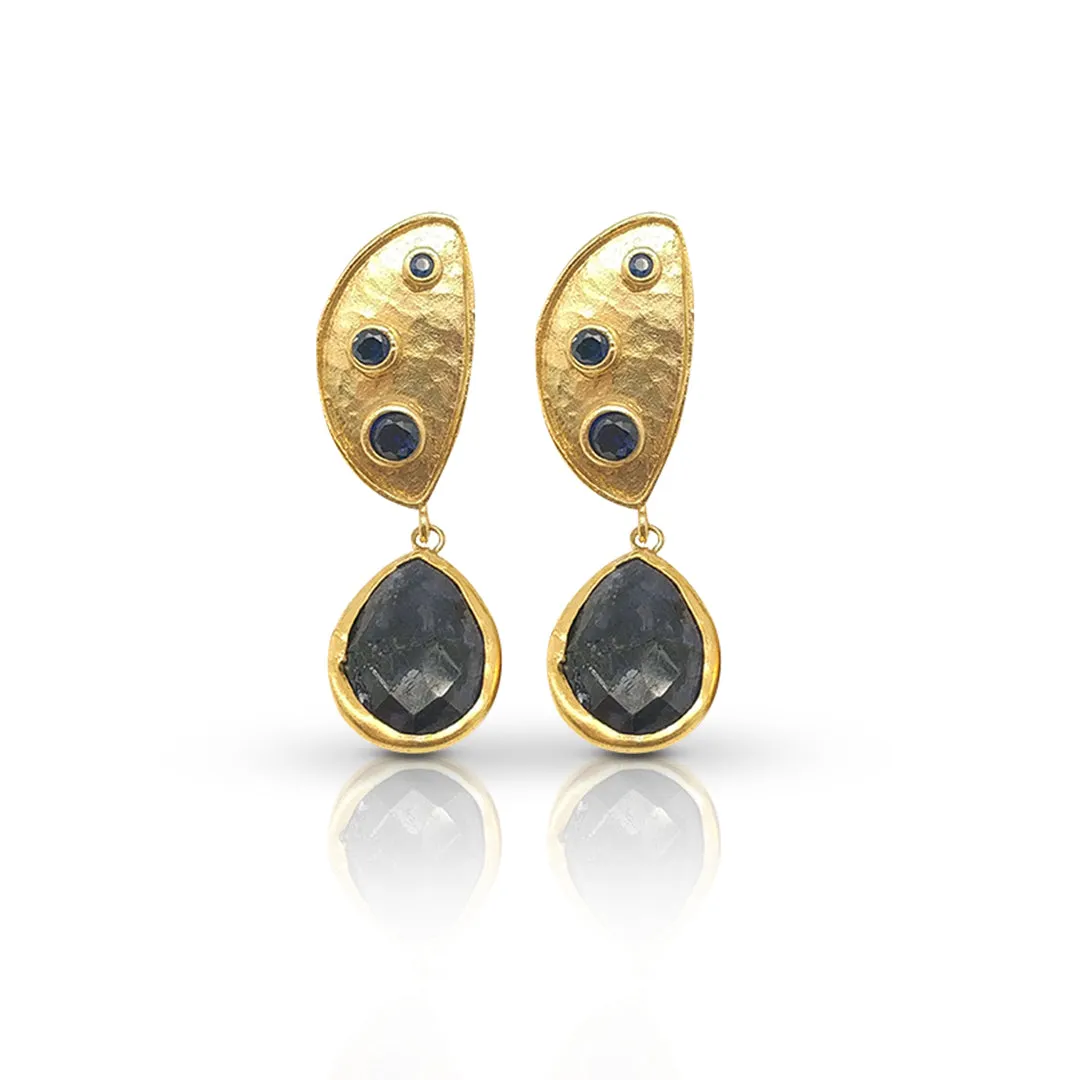 Gold-Plated Handmade Earrings with Sapphire Corundum and CZ Stones | Celestial Elegance | Artisan Crafted Jewelry