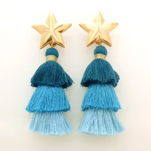 Gold star and teal tassel earrings