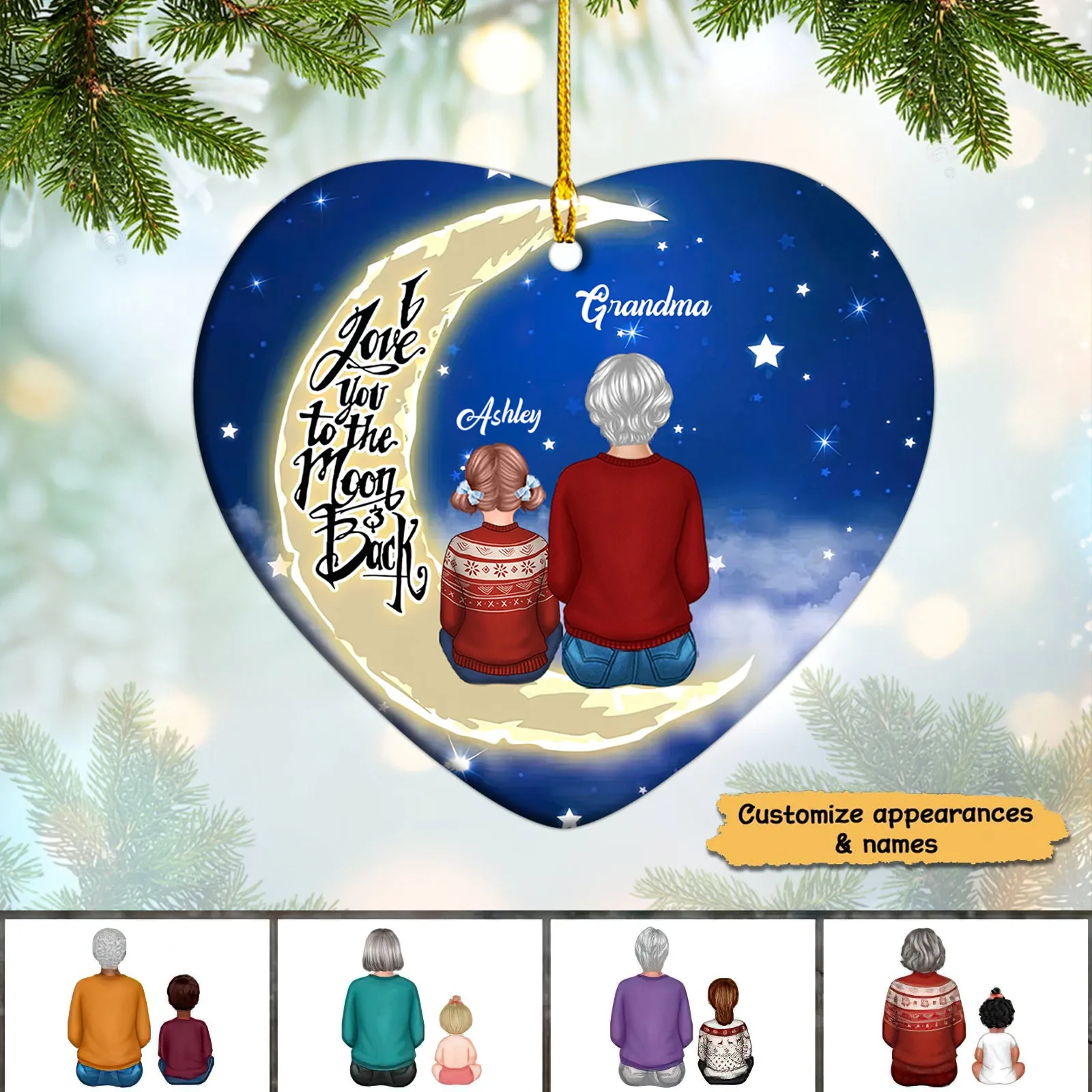 Grandma Grandkids On Moon Personalized Heart Ornament Family