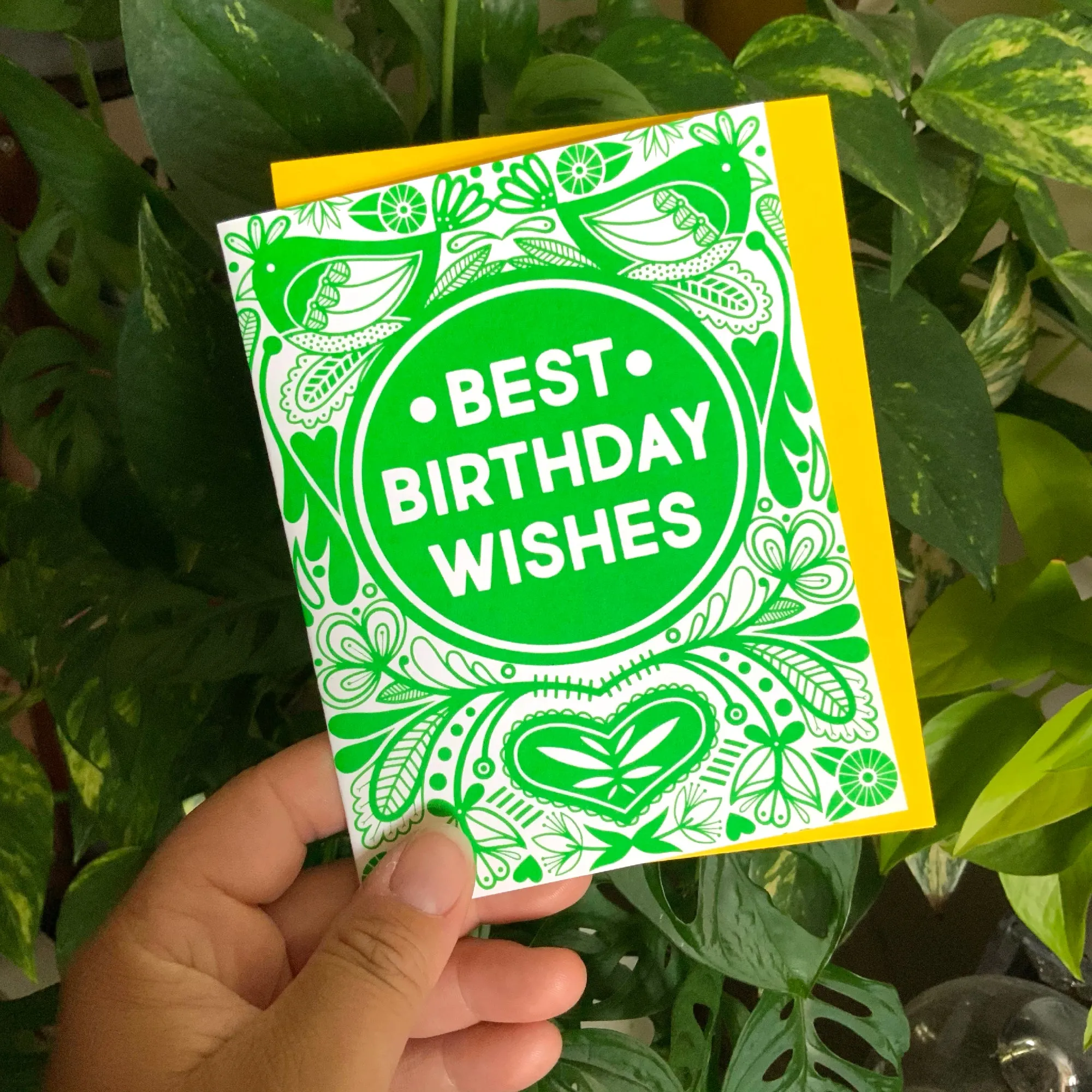 Grass green folk art birthday card, ornate birthday card, colorful birthday card, best birthday wishes card