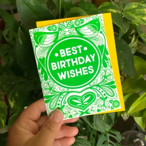 Grass green folk art birthday card, ornate birthday card, colorful birthday card, best birthday wishes card