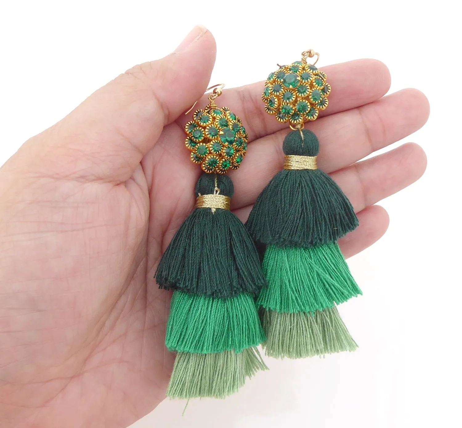 Green rhinestone tassel earrings