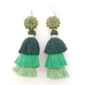 Green rhinestone tassel earrings