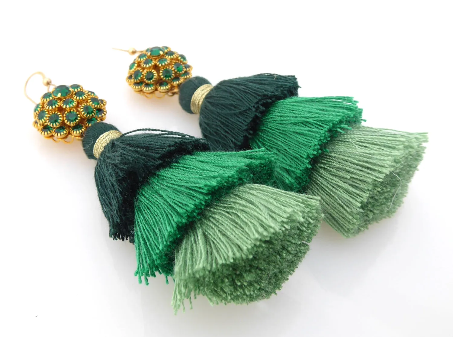 Green rhinestone tassel earrings