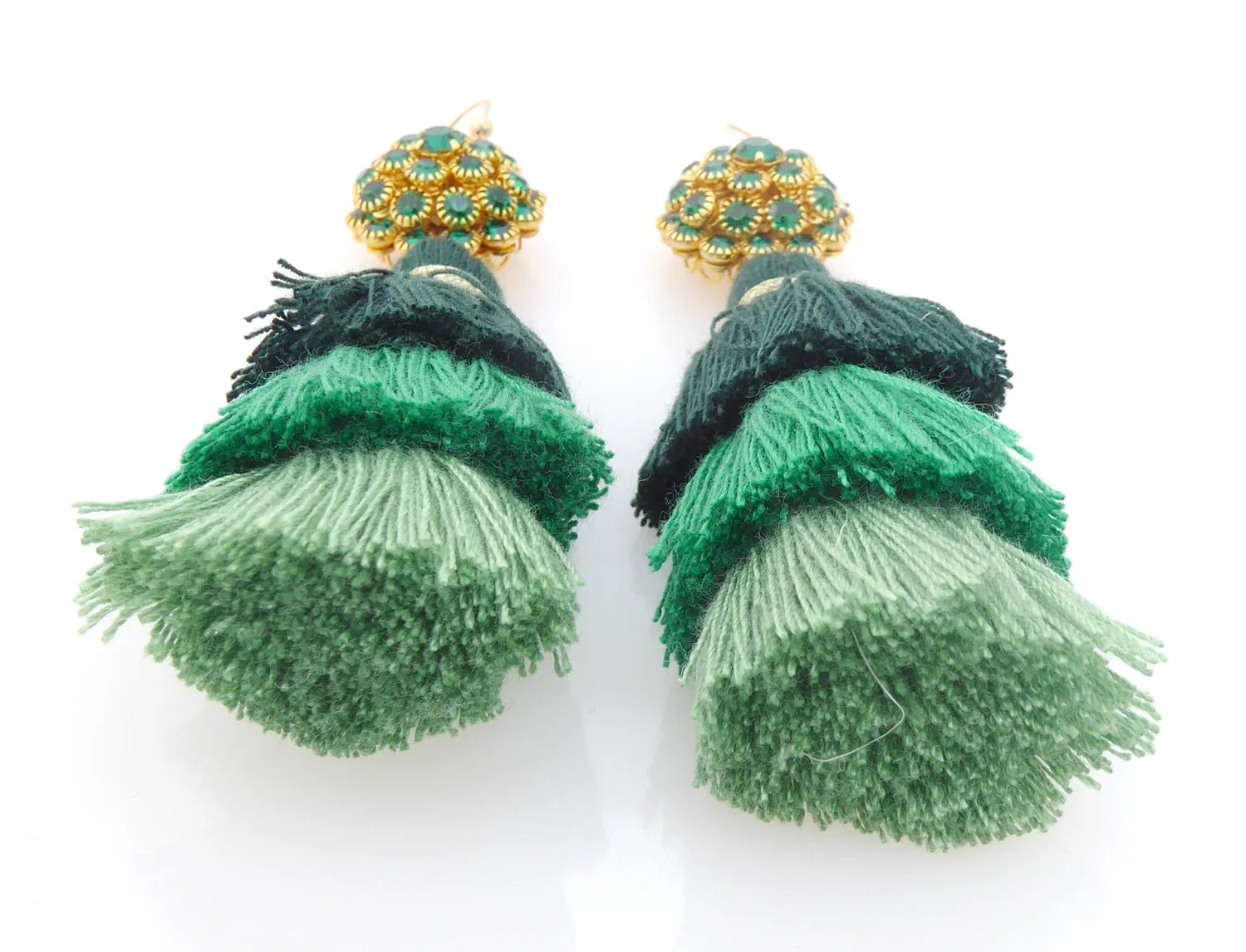 Green rhinestone tassel earrings