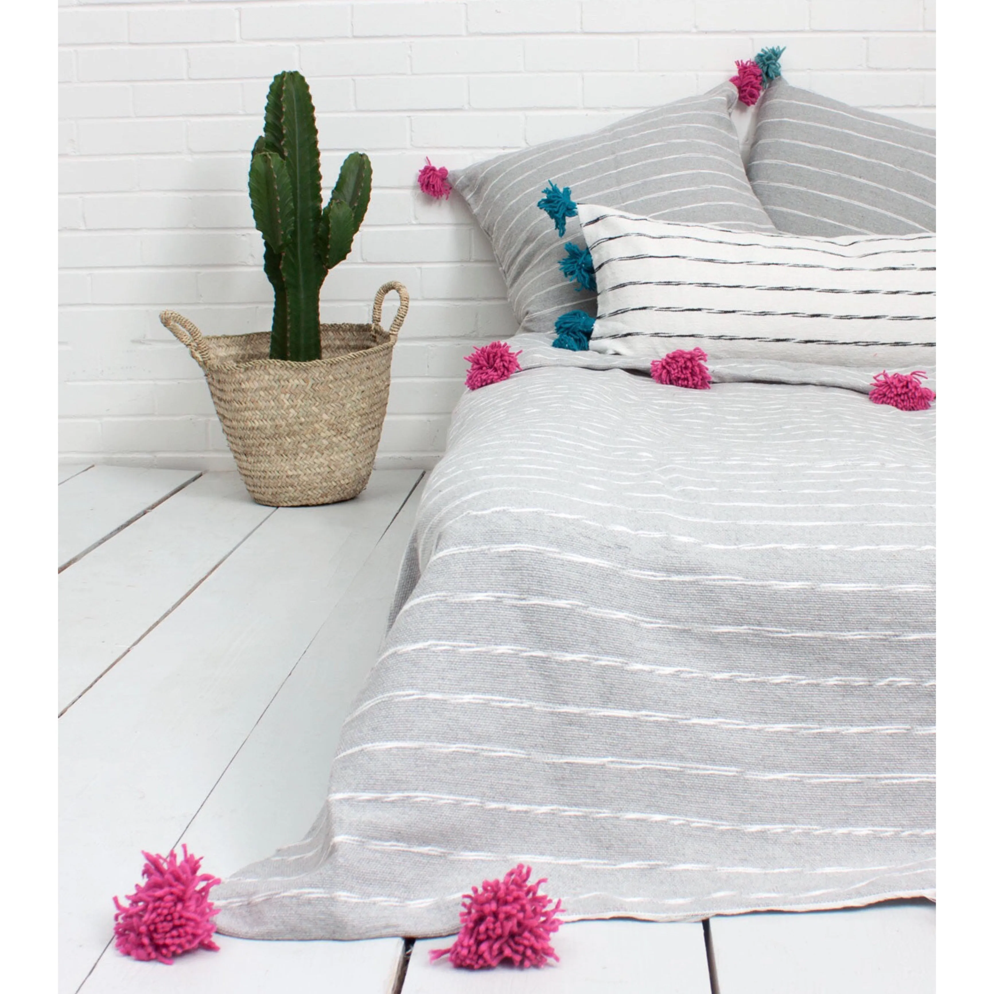 Grey Cotton Pink Stripe Throw