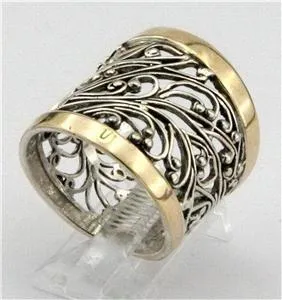 Hadar Designers 9k Yellow Gold 925 Silver Ring 6,7,8,9,10 Filigree (S r11300)