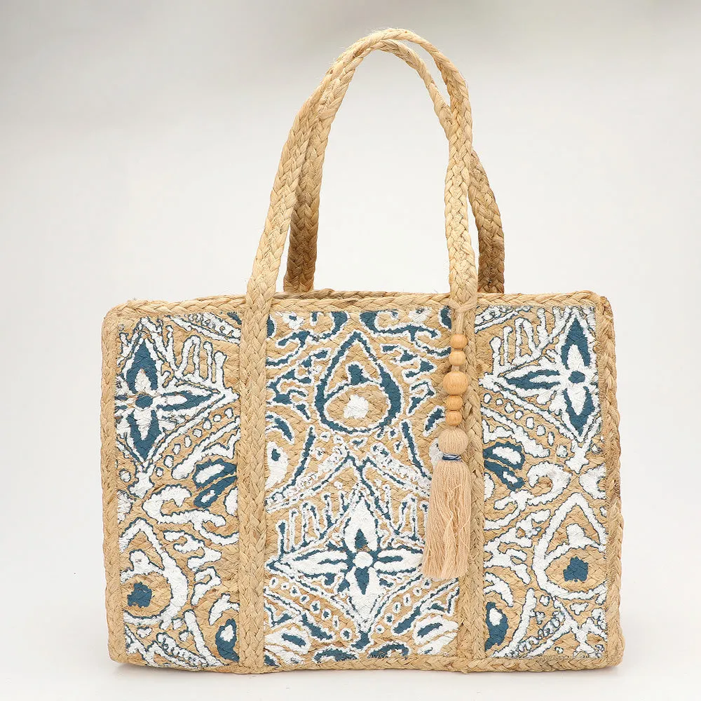 Handmade Boho Print Tassel Woven Straw Tote Bag