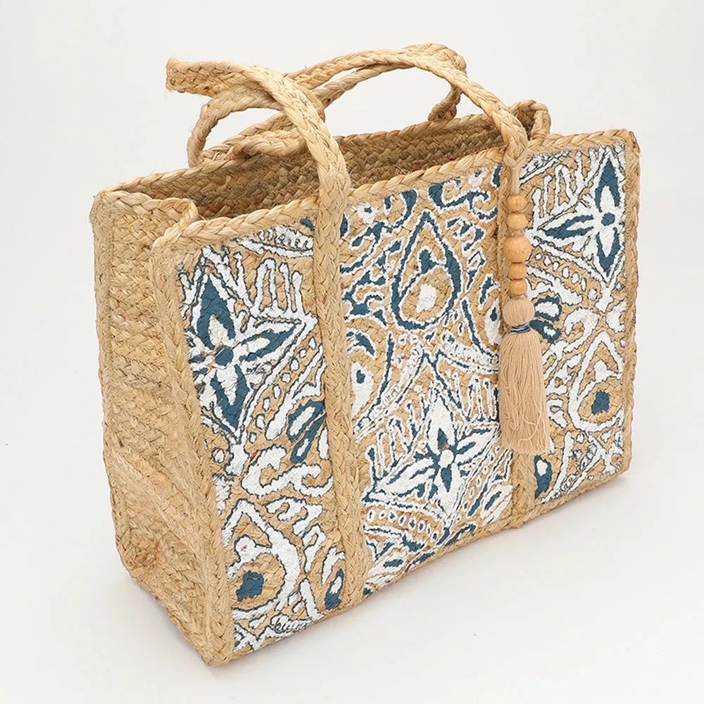 Handmade Boho Print Tassel Woven Straw Tote Bag