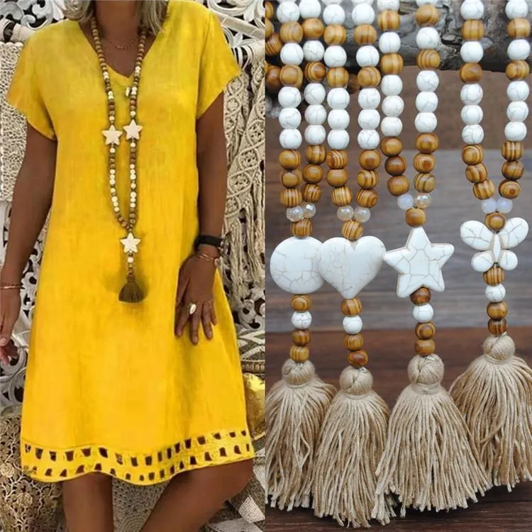 Handmade Wooden Beads Long Necklace & Pendant - 3 Beads Shape with Black Tassel