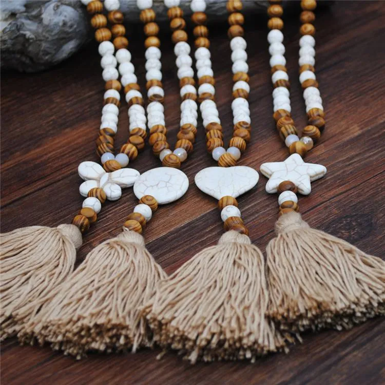 Handmade Wooden Beads Long Necklace & Pendant - 3 Beads Shape with Brown Tassel