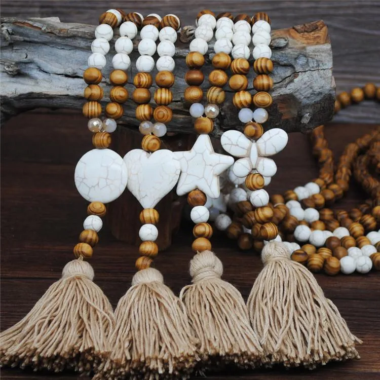 Handmade Wooden Beads Long Necklace & Pendant - Heart Shape with Brown Tassel