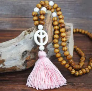Handmade Wooden Beads Long Necklace & Pendant - Unique Shape with Pink Tassel