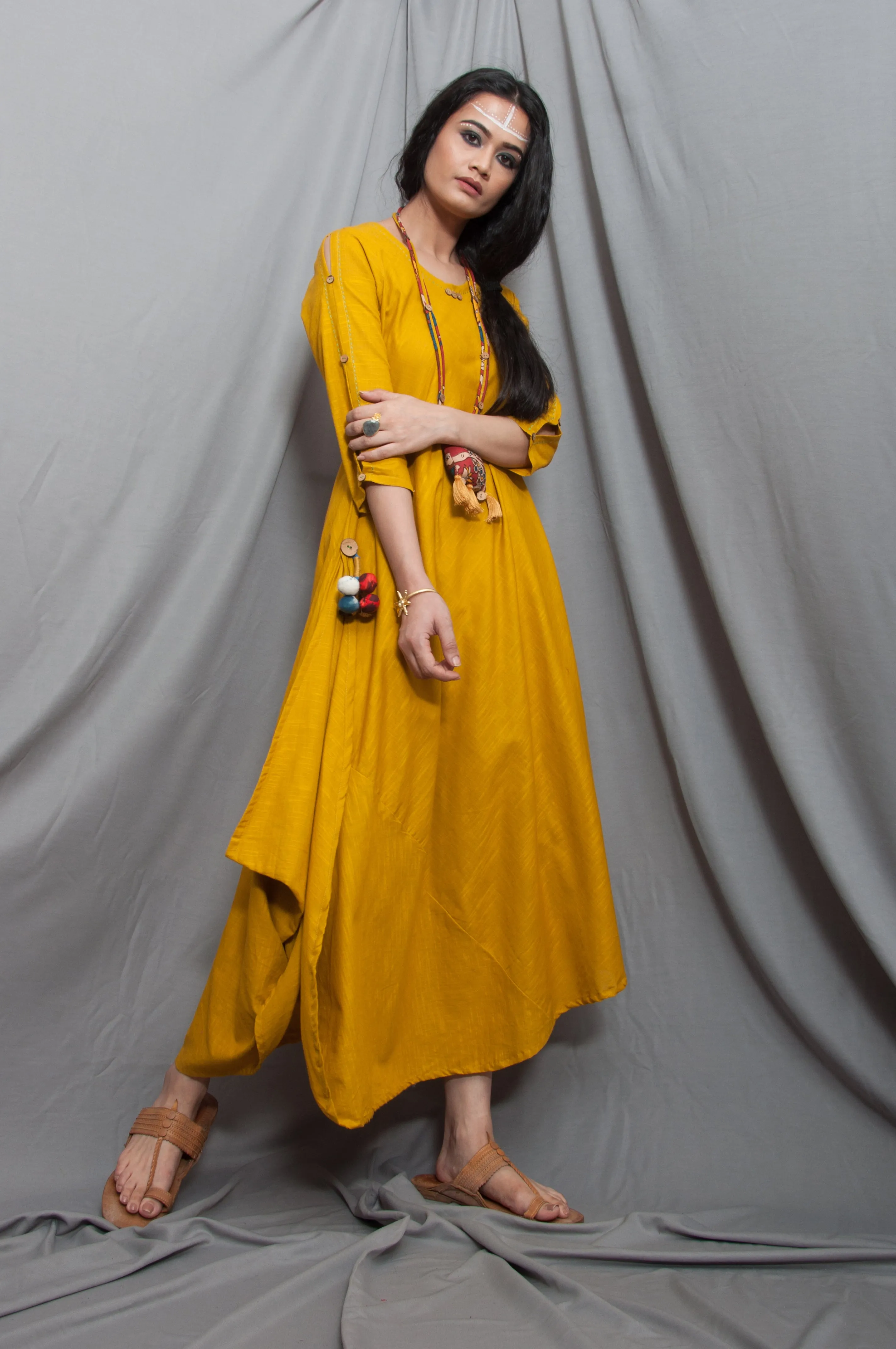 Harmony - Mustard Cowl Dress with Necklace