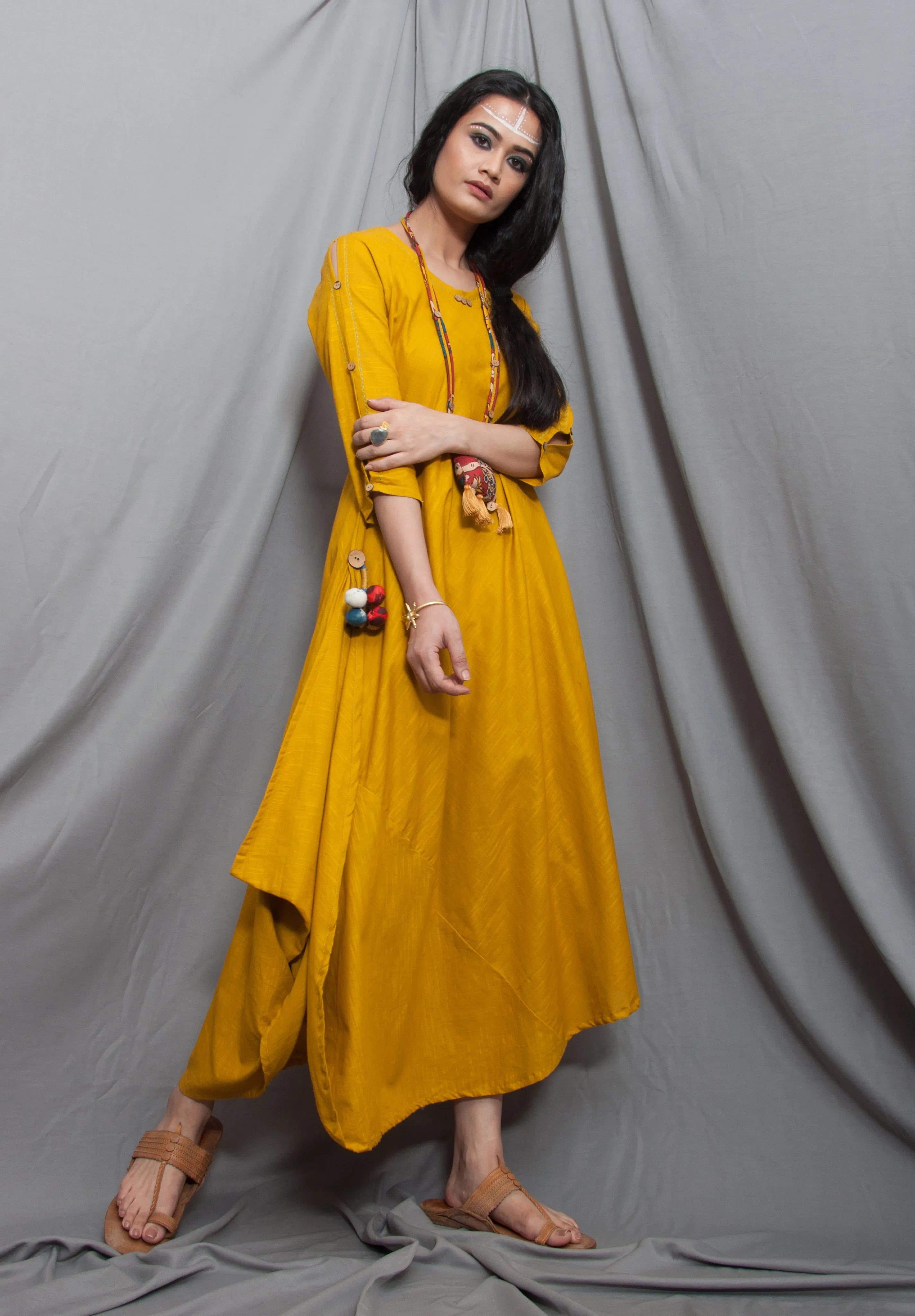 Harmony - Mustard Cowl Dress with Necklace