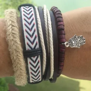 Hemp with Dark Wood Beads , Hamsa Hand Charm Leather Multilayer Bracelet
