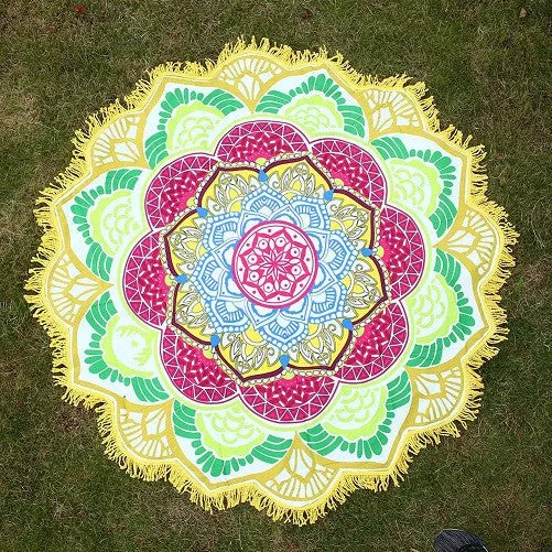 Hot Women Chic Tassel Indian Mandala Tapestry Lotus Printed Bohemian Beach Towel Yoga Mat Sunblock Round Bikini Cover-Up Blanket