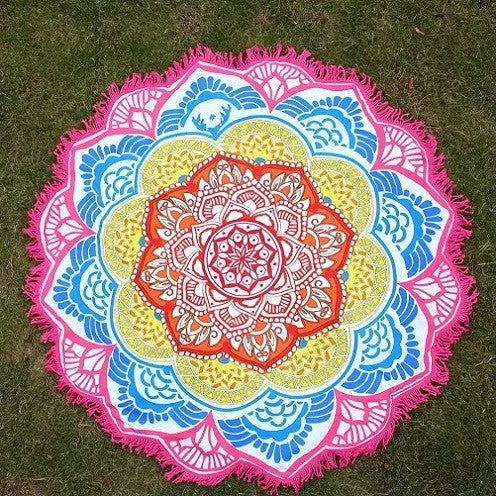 Hot Women Chic Tassel Indian Mandala Tapestry Lotus Printed Bohemian Beach Towel Yoga Mat Sunblock Round Bikini Cover-Up Blanket