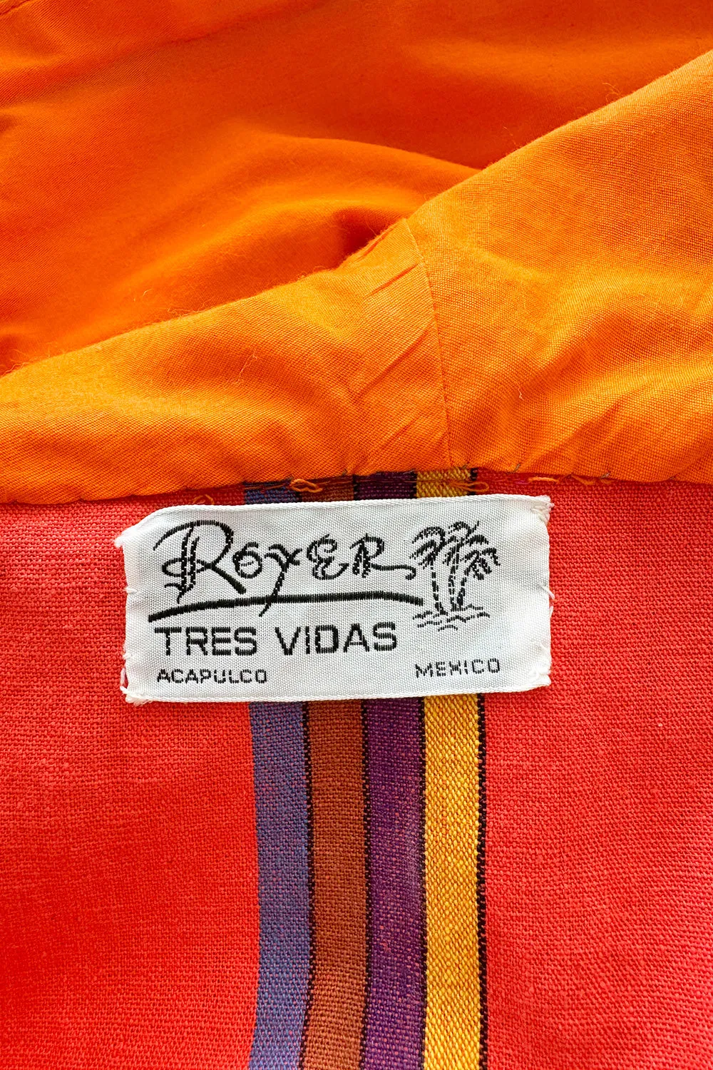 Incredible 1960s Josefa Striped Cotton Caftan Dress w Hood & Huge Orange Yarn Tassel Detailing