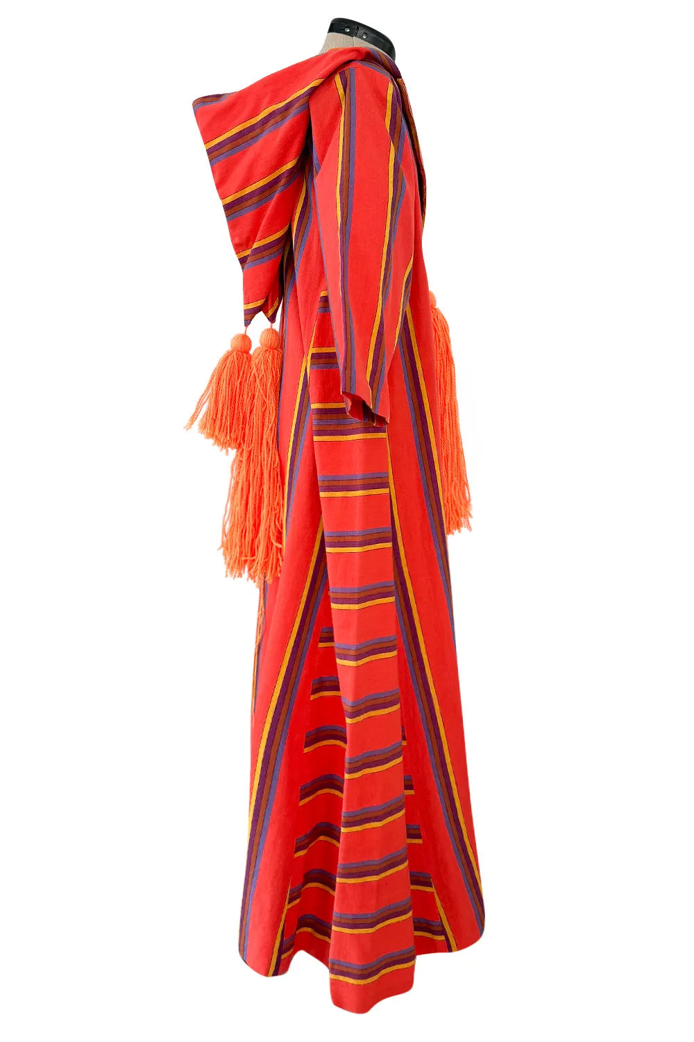 Incredible 1960s Josefa Striped Cotton Caftan Dress w Hood & Huge Orange Yarn Tassel Detailing