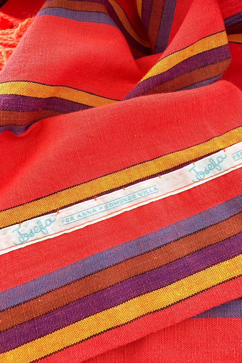 Incredible 1960s Josefa Striped Cotton Caftan Dress w Hood & Huge Orange Yarn Tassel Detailing