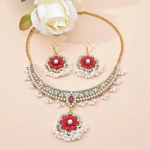 Indian Ethnic Bronze Plate Vintage Jewelry Set For Women Wedding Simulate Pearl Tassel Drop Earrings Red Crystal Choker Necklace