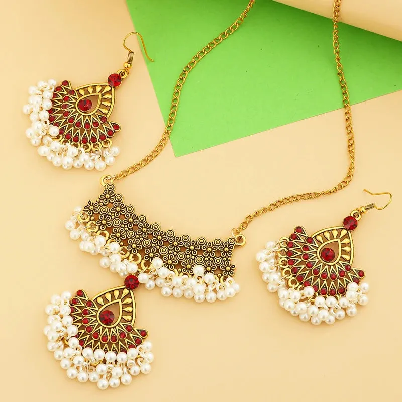 Indian Ethnic Bronze Plate Vintage Jewelry Set For Women Wedding Simulate Pearl Tassel Drop Earrings Red Crystal Choker Necklace