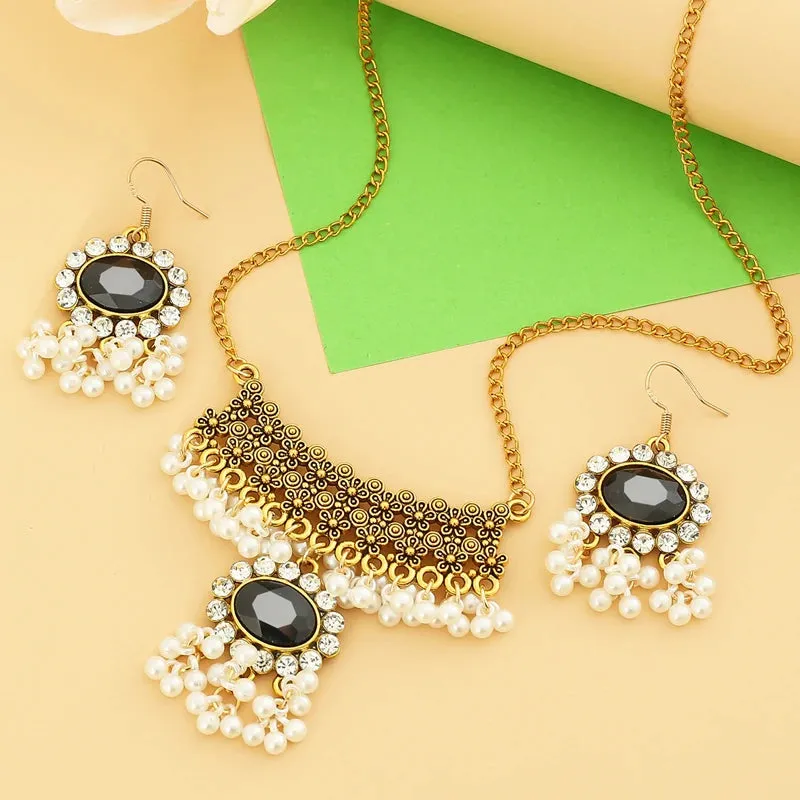 Indian Ethnic Bronze Plate Vintage Jewelry Set For Women Wedding Simulate Pearl Tassel Drop Earrings Red Crystal Choker Necklace