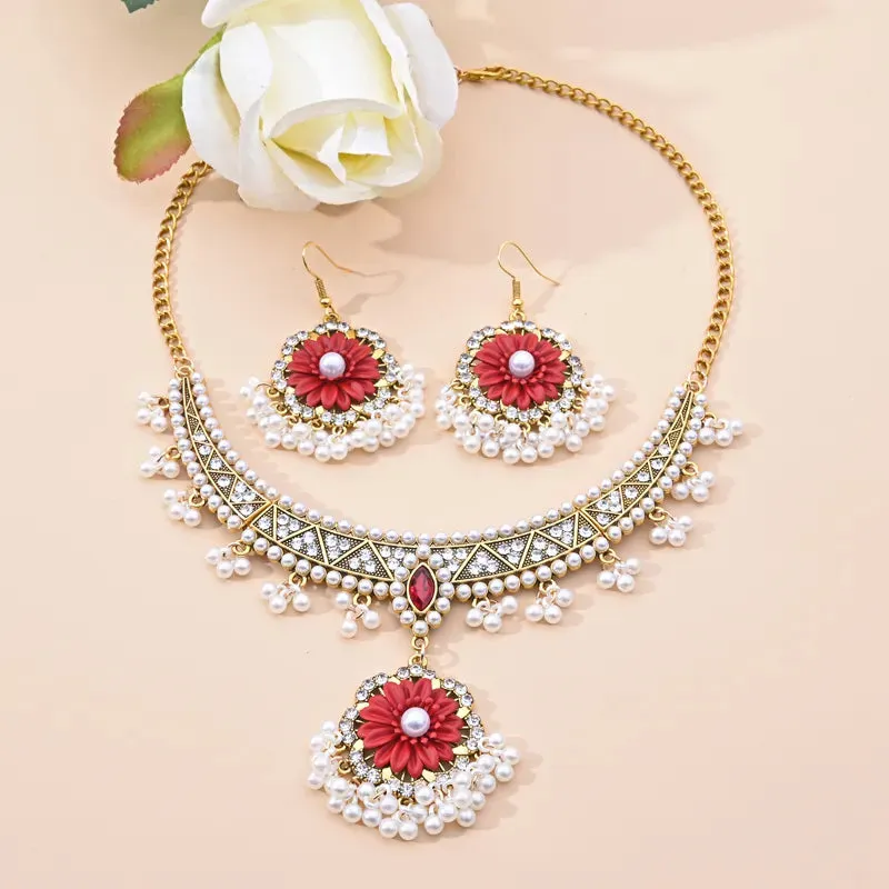 Indian Ethnic Bronze Plate Vintage Jewelry Set For Women Wedding Simulate Pearl Tassel Drop Earrings Red Crystal Choker Necklace