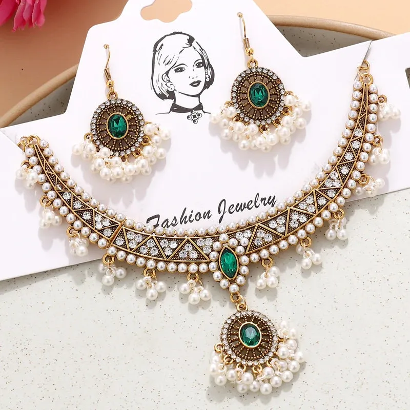 Indian Ethnic Bronze Plate Vintage Jewelry Set For Women Wedding Simulate Pearl Tassel Drop Earrings Red Crystal Choker Necklace