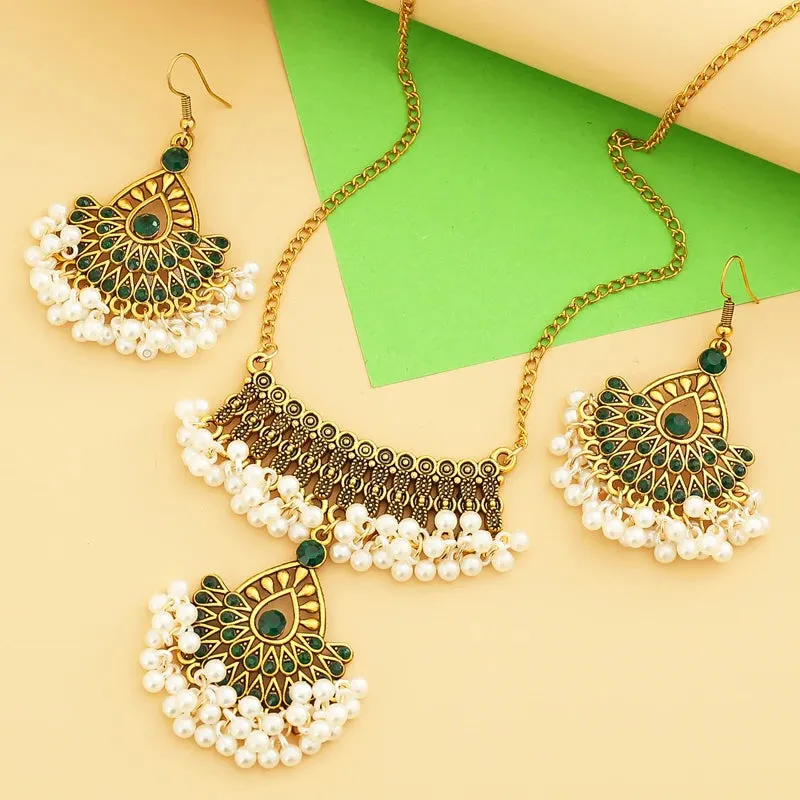 Indian Ethnic Bronze Plate Vintage Jewelry Set For Women Wedding Simulate Pearl Tassel Drop Earrings Red Crystal Choker Necklace