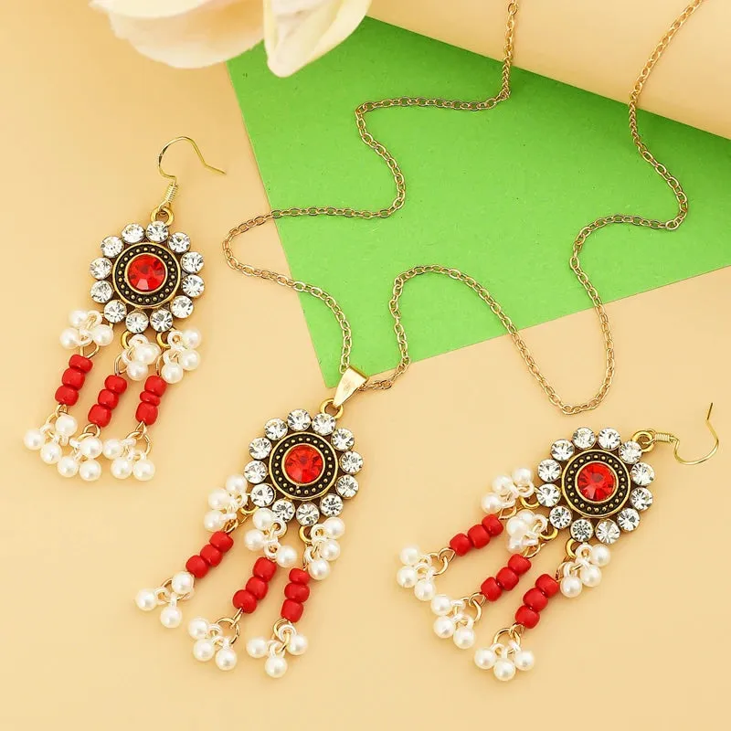 Indian Ethnic Bronze Plate Vintage Jewelry Set For Women Wedding Simulate Pearl Tassel Drop Earrings Red Crystal Choker Necklace
