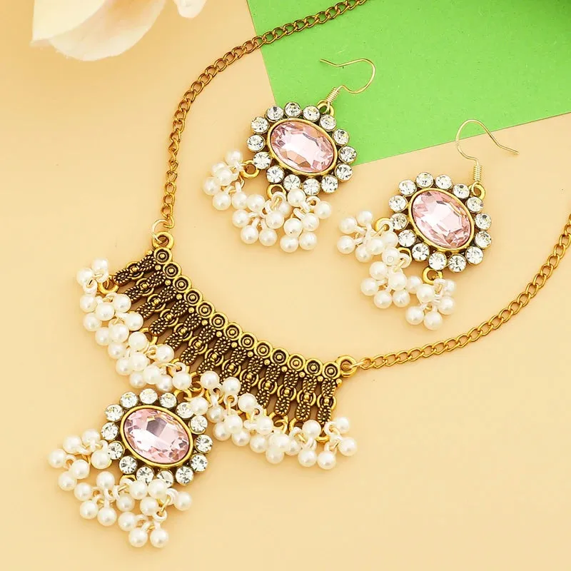 Indian Ethnic Bronze Plate Vintage Jewelry Set For Women Wedding Simulate Pearl Tassel Drop Earrings Red Crystal Choker Necklace