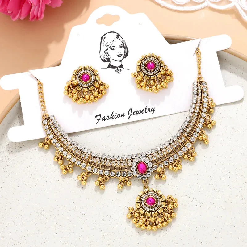 Indian Ethnic Bronze Plate Vintage Jewelry Set For Women Wedding Simulate Pearl Tassel Drop Earrings Red Crystal Choker Necklace