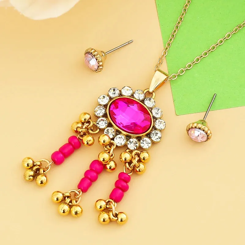 Indian Ethnic Bronze Plate Vintage Jewelry Set For Women Wedding Simulate Pearl Tassel Drop Earrings Red Crystal Choker Necklace