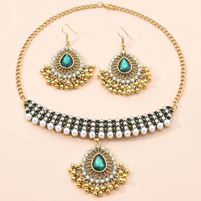 Indian Ethnic Bronze Plate Vintage Jewelry Set For Women Wedding Simulate Pearl Tassel Drop Earrings Red Crystal Choker Necklace