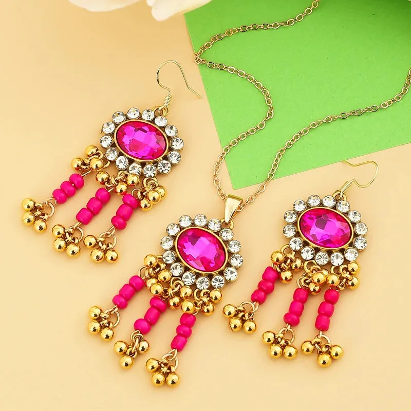 Indian Ethnic Bronze Plate Vintage Jewelry Set For Women Wedding Simulate Pearl Tassel Drop Earrings Red Crystal Choker Necklace
