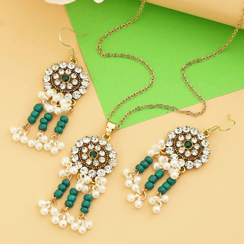 Indian Ethnic Bronze Plate Vintage Jewelry Set For Women Wedding Simulate Pearl Tassel Drop Earrings Red Crystal Choker Necklace