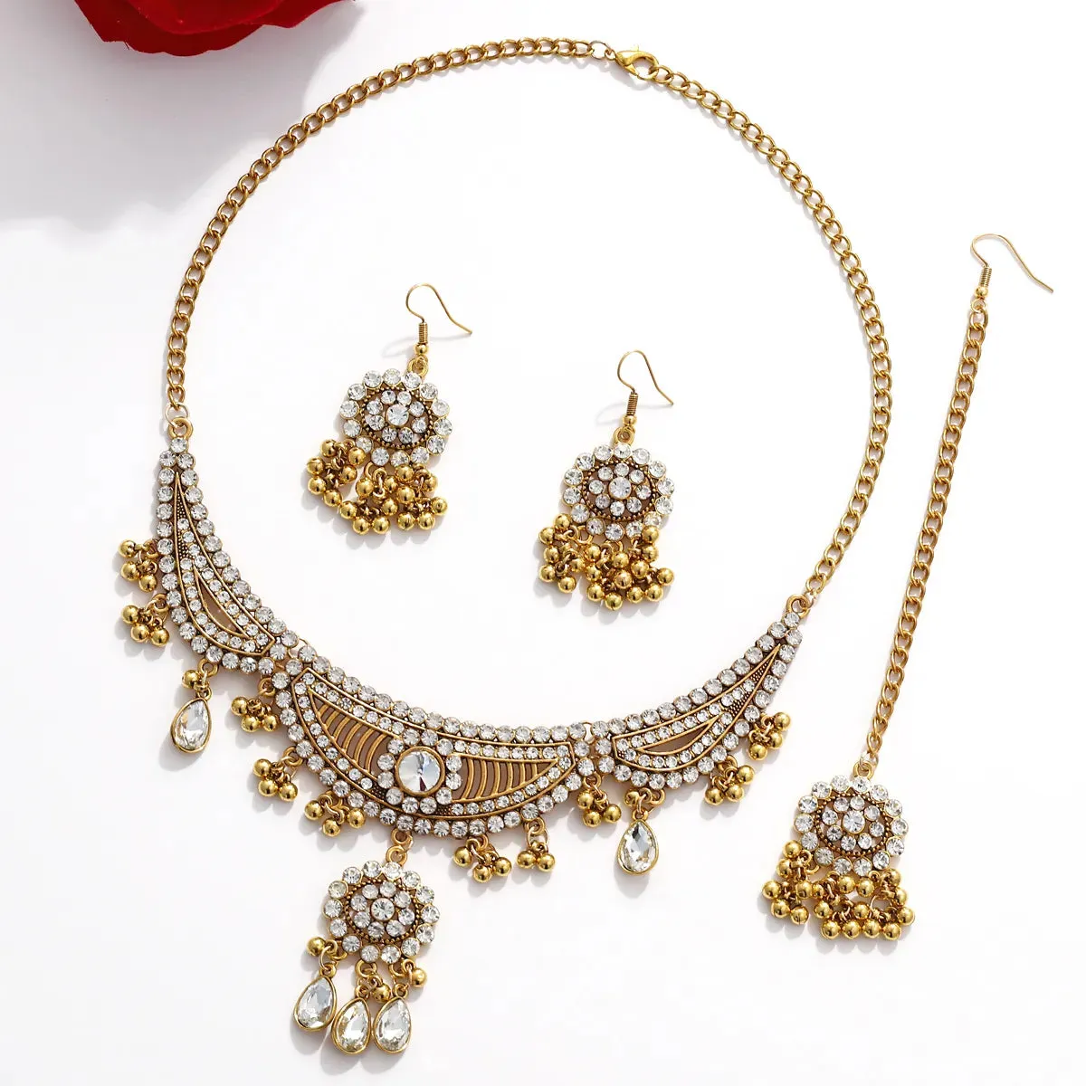 Indian Ethnic Bronze Plate Vintage Jewelry Set For Women Wedding Simulate Pearl Tassel Drop Earrings Red Crystal Choker Necklace