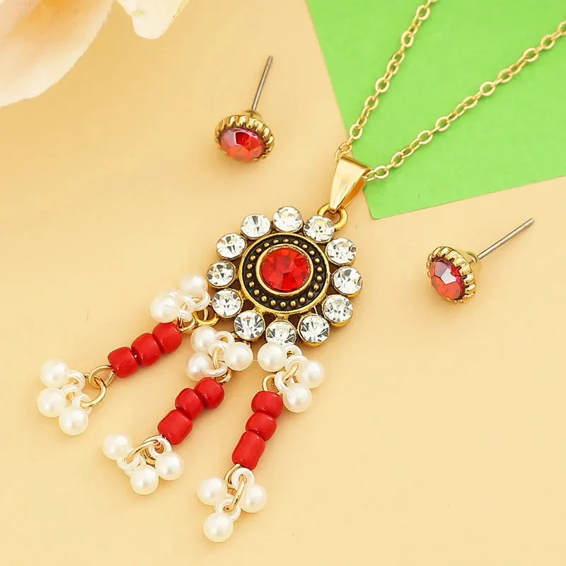 Indian Ethnic Bronze Plate Vintage Jewelry Set For Women Wedding Simulate Pearl Tassel Drop Earrings Red Crystal Choker Necklace