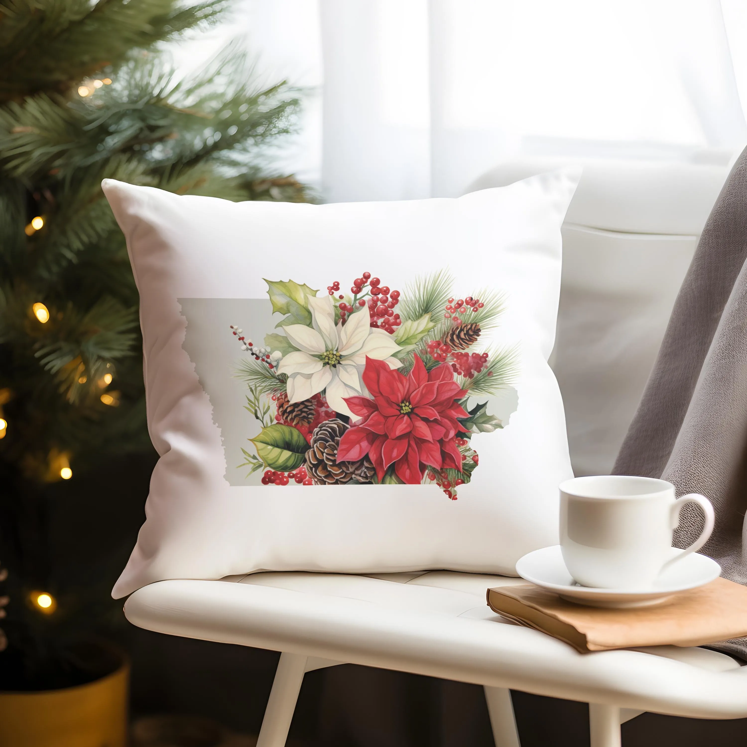 Iowa Christmas Pillow - 18x18 Square Decorative Pillow with Holiday Florals & Festive Plaid Design