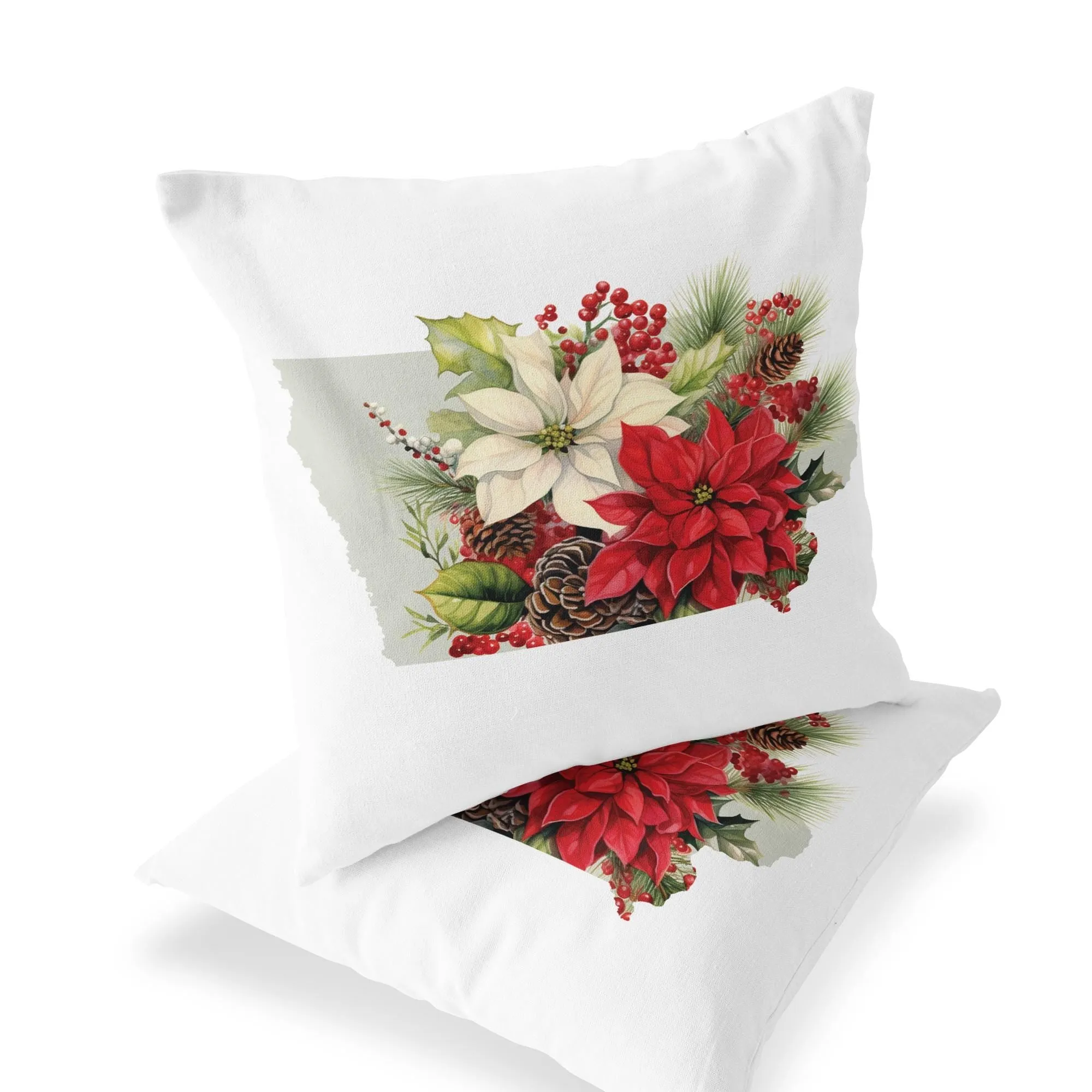 Iowa Christmas Pillow - 18x18 Square Decorative Pillow with Holiday Florals & Festive Plaid Design